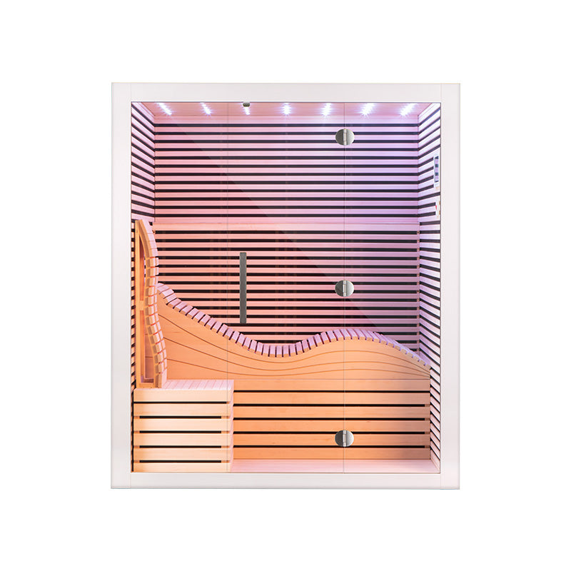 Moderne Hemlockholz Sauna von KURORA® mit ergonomischer Liege und indirekter Beleuchtung